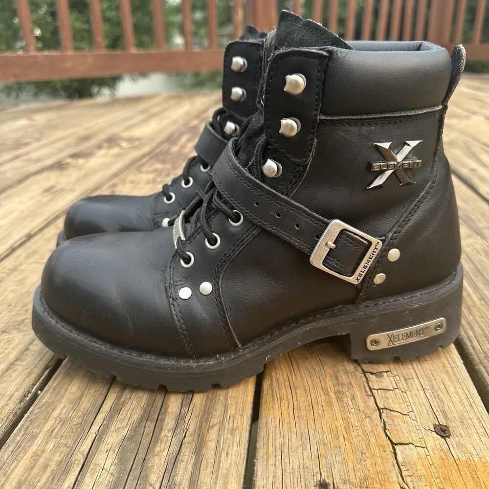 Xelement Impact Black Motorcycle Biker Strap Boots Men's 9.5 Leather Lace Up